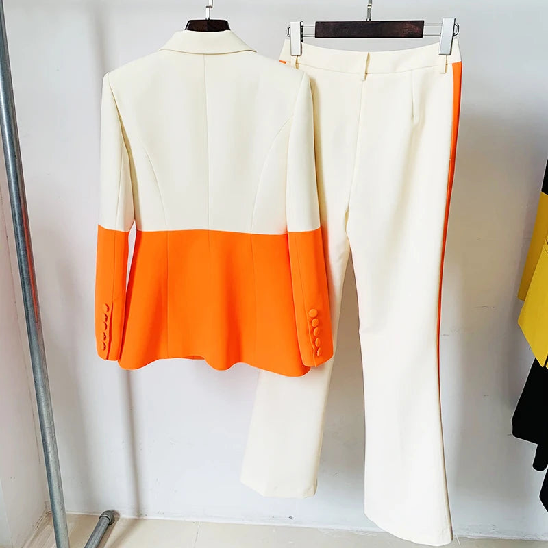 HIGH STREET Newest 2024 Designer Runway Suit Set Women's Single Button Color Block Blazer Flare Pants Suit.