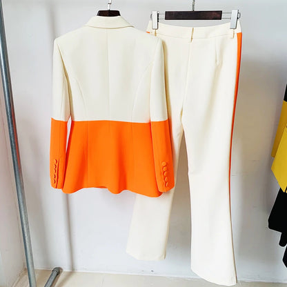 HIGH STREET Newest 2024 Designer Runway Suit Set Women's Single Button Color Block Blazer Flare Pants Suit.