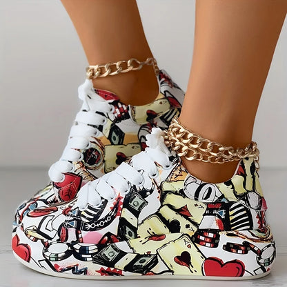 Women's Graffiti Print Sneakers Fashion Lace-up Low-top Platform Sneakers Casual Skateboard Shoes Sneakers New Vulcanized Shoes.