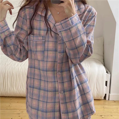 Pajamas Female Autumn and Winter Long-Sleeved Sweet Homewear Two-Piece Tide Cardigan Lapel Plaid Homewear 1.