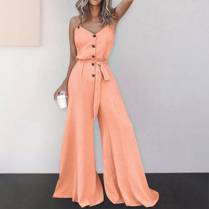 Summer Women Jumpsuit Solid Color Button Closure Lace-up Jumpsuit V Neck Wide Leg Deep Crotch Ankle Length Vest Jumpsuit.