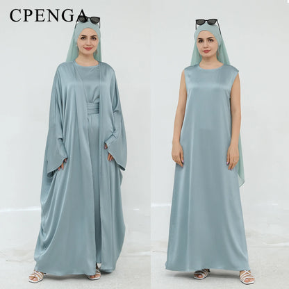 Two Piece Arabic Outfit Set for Muslim Women Elegant Modest Abaya Dress with Inner Ramadan Islamic Coat New Turkish Kaftan Robe.