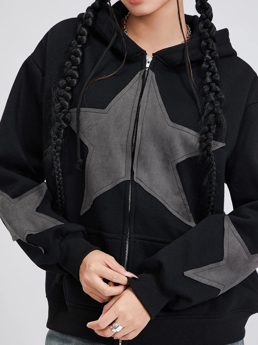 Y2K Vintage Star Print Hooded Hoodie for Women Casual Loose Long Sleeve Zip Up Drawstring Sweatshirts Autumn Spring Coat Street.
