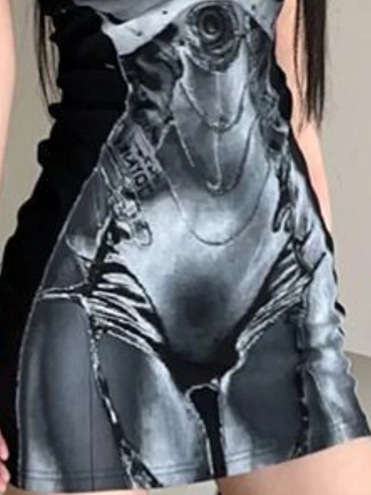 2025, ärmelloses Tankkleid für Damen, Punk-Robe, Vintage-Stil, Harajuku-Druck, Mini-Y2k, ästhetische Basic-Bleistiftkleider, Sommer-Grunge-Vestidos.