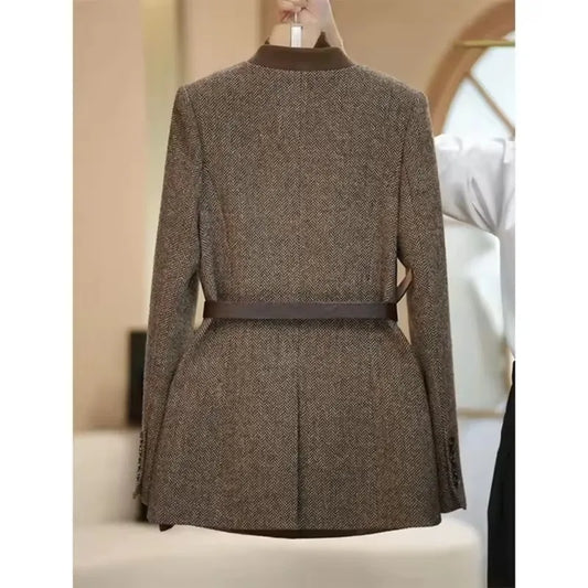 Mode Kaffee Woolen Anzug Jacke 2025, Herbst Winter Neue Damen Temperament V-ausschnitt Langarm Blazer Weibliche
