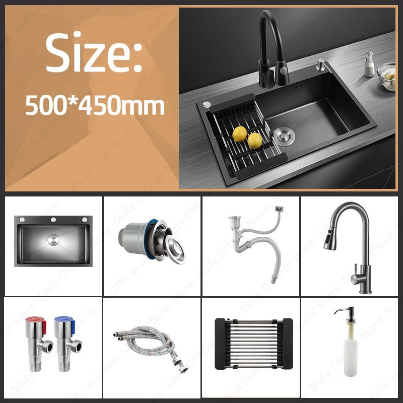 Schwarzes Nano-Waschbecken, einzelnes Waschbecken, kreative Küchenspülen aus Edelstahl, Abflussset für Zuhause, handgefertigtes Waschbecken, Küchenzubehör