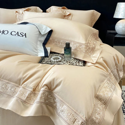 100% Egyptian Cotton White Luxury Embroidery Hotel Style Bedding Set Duvet Cover Set Flat/Fitted Bed Sheet Pillowcases 4Pcs.