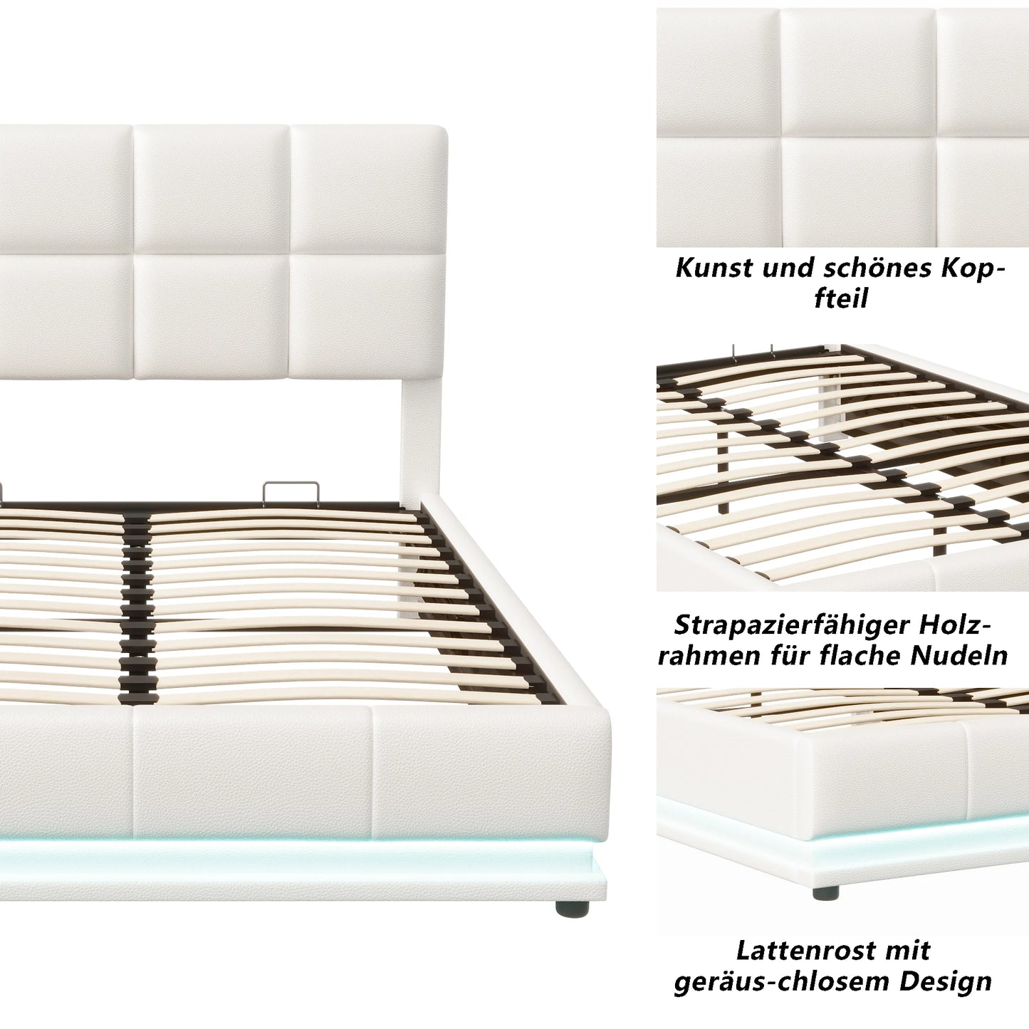 Comanlai Polsterbett 140 x 200 cm mit LED-Leuchten, hydraulisches Bett mit Stauraum, Doppelbett mit Lattenrost, Kunstleder, weiß