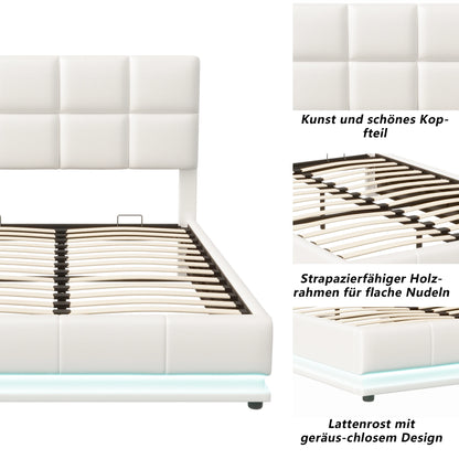 Comanlai Polsterbett 140 x 200 cm mit LED-Leuchten, hydraulisches Bett mit Stauraum, Doppelbett mit Lattenrost, Kunstleder, weiß