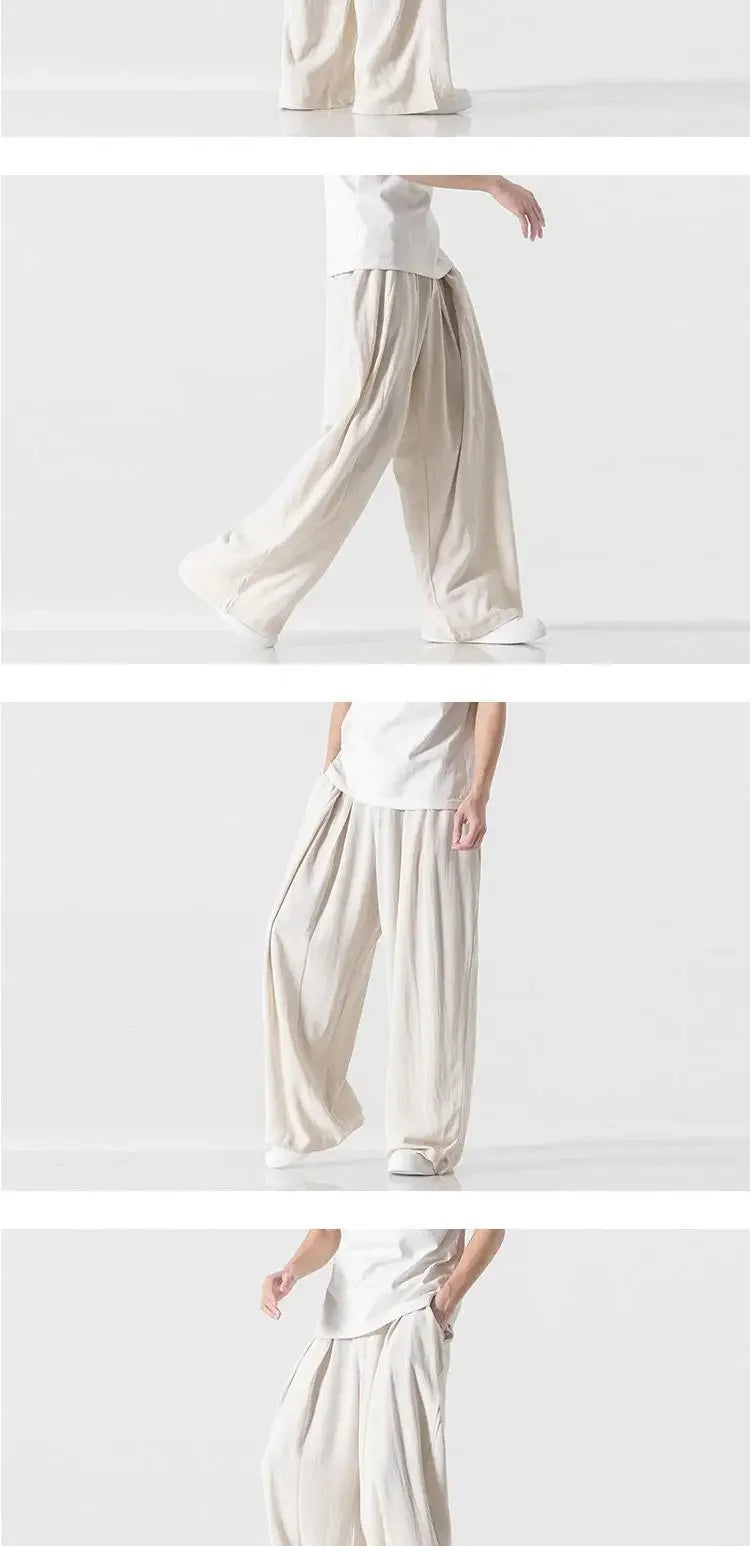 Hanfu Spirit Draped Linen Pants For Men Straight-leg Casual Trousers Chinese Style Loose-fit Ancient Wide-leg Song Trousers.