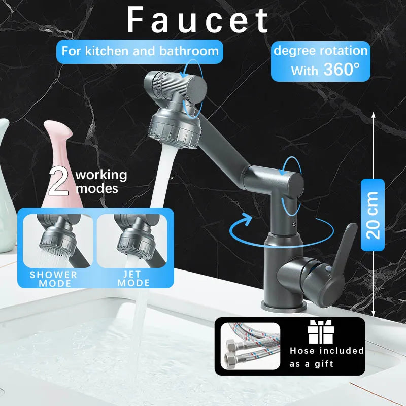 Basin Faucet 360° Rotate Bathroom Sink Mixer Cold Hot Tap Height Adjusted Multi Function Nozzle