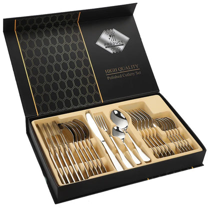 24pcs Golden Tableware Set Light Luxury Stainless Steel Cutlery Fork Knife Spoon Dinnerware Set Minimalist Decor with Gift Box.