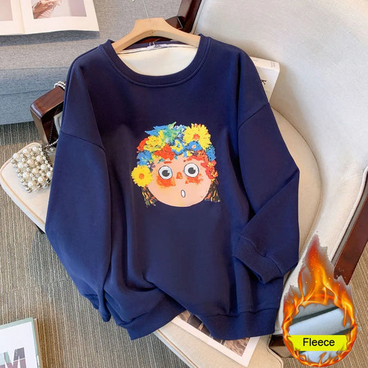150kg plus size Damen büste Herbst Winter lose Rundhals ausschnitt Fleece warmes Sweatshirt bedrucktes Oberteil blau 5xl 6xl 7xl 8xl 9xl