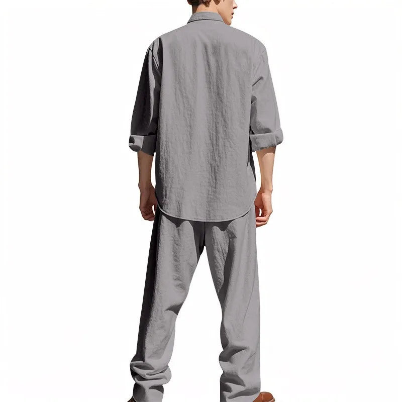 Long Sleeve Shirt Sets Mens Casual Linen 2Pcs Suit Lightweight Long Sleeve Shirt Loose Drawstring Trousers Casual Streetwear Set.