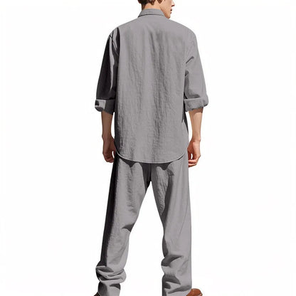 Long Sleeve Shirt Sets Mens Casual Linen 2Pcs Suit Lightweight Long Sleeve Shirt Loose Drawstring Trousers Casual Streetwear Set.