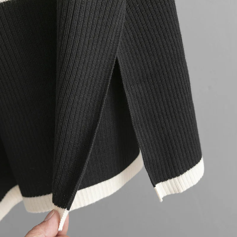 Muslim Women Knitting 2 Piece Sets Striped Sweater Pullover Top Wide Leg Pants Suit Outfits Knitwear Turtleneck Ensemble 2025.