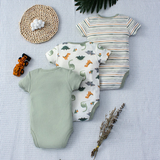 3-teiliges Sommer-Baby-Body, dreiteiliges Set mit Cartoon-Dinosaurier-Muster und Streifenmuster, Knopf-Design für Jungen im Alter von 0–9 Monaten