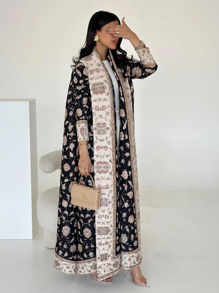 Abaya Miyake Pleated Printed Robe Jacket Arabian Dubai Style Women's Long Sleeve Conservative Demure Muslim Trench Coat 55inches