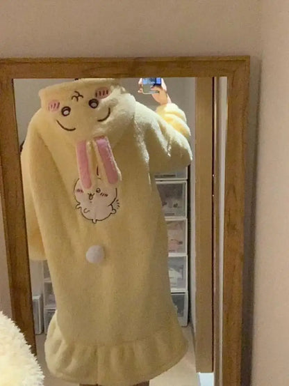 Kawaii Chiikawas Pajamas Coral Velvet Home Wear Long Length Nightgown Thick Cardigan Pant Cartoon Cute Girl Casual Home Clothing.