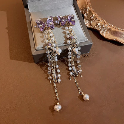 Pink Butterfly Earrings With Long Tassel Sparkly Zircon Crystal Imitation Pearl Beads Earrings Light Luxury Party Ear Jewelry.