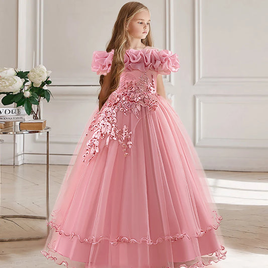 Kinder Kleid Neue Geburtstag Party Mädchen Prinzessin Kleid Gestickte Mesh Hochzeit Blume Junge Elegante Kinder Abend Kleidung Kostüm