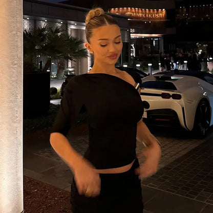 Cryptographic One Shoulder Asymmetrical Tops Summer Fashion Outfits Embellished Sexy Backless Solid Cropped Top Streetwear