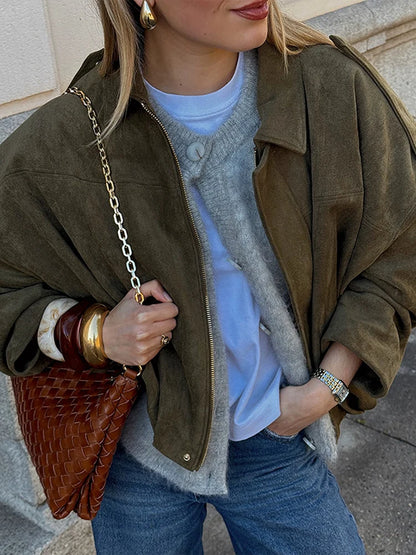 2025 herbst frauen Grün Wildleder Jacke Lose Revers Zipper Langarm Taschen Bomber Mantel Neue Mode Dame Dicke Streetwear