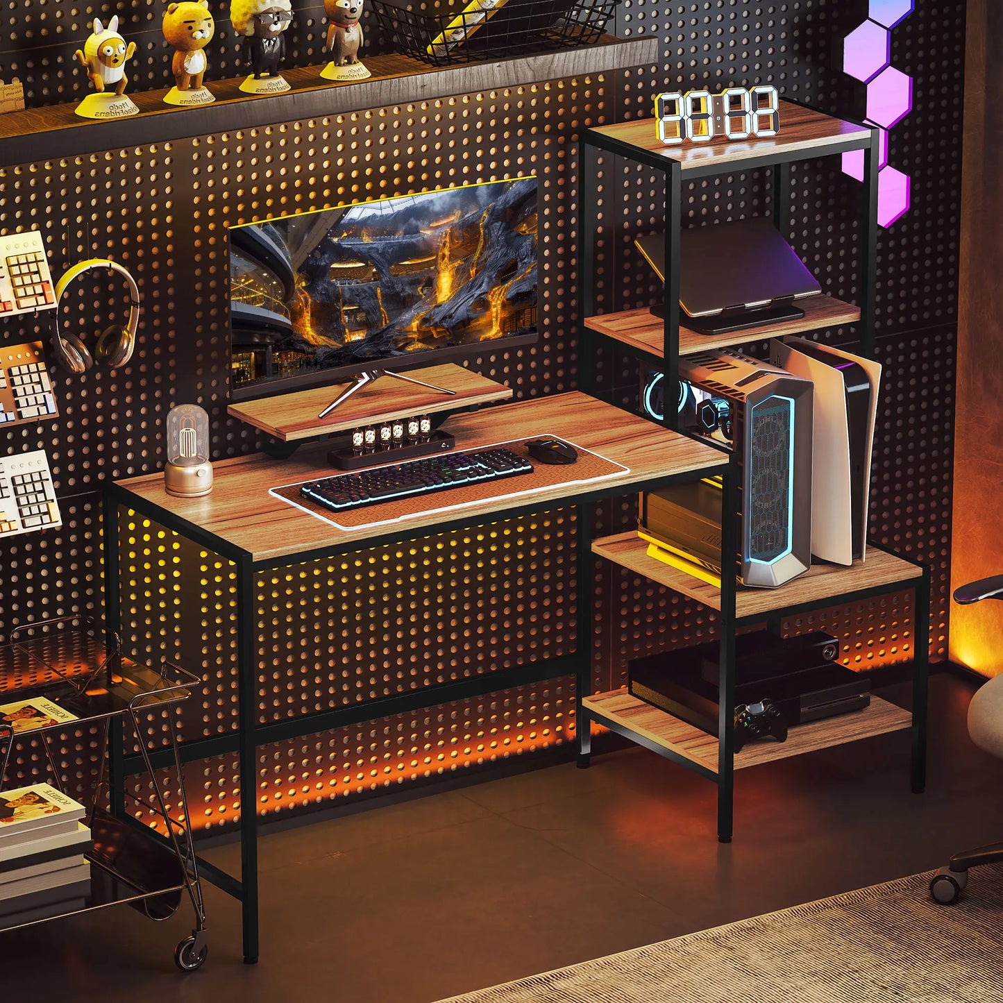 Schreibtisch Computertisch mit Monitorständer, CPU-Ständer, Bürotisch mit Druckerablage, PC-Tisch mit 4 Ablagen, 150 x 48 x 125 cm, Braun