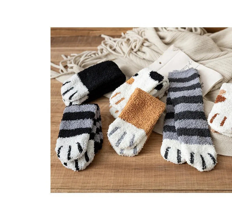 Women Socks Winter Warm Fluffy Socks Cute Animal Claw Cat Paw Footprint Fuzzy Socks Thicken Coral Fleece Home Floor Sleep Socks