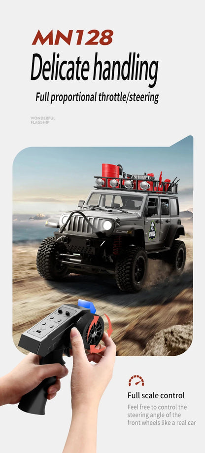 1/12 MN128 RC Car 4WD Jeep Model 2.4G Remote Control LED Light 4X4 Off Road 4WD Climbing RC Truck Electric Toy Car Gift for Boy.