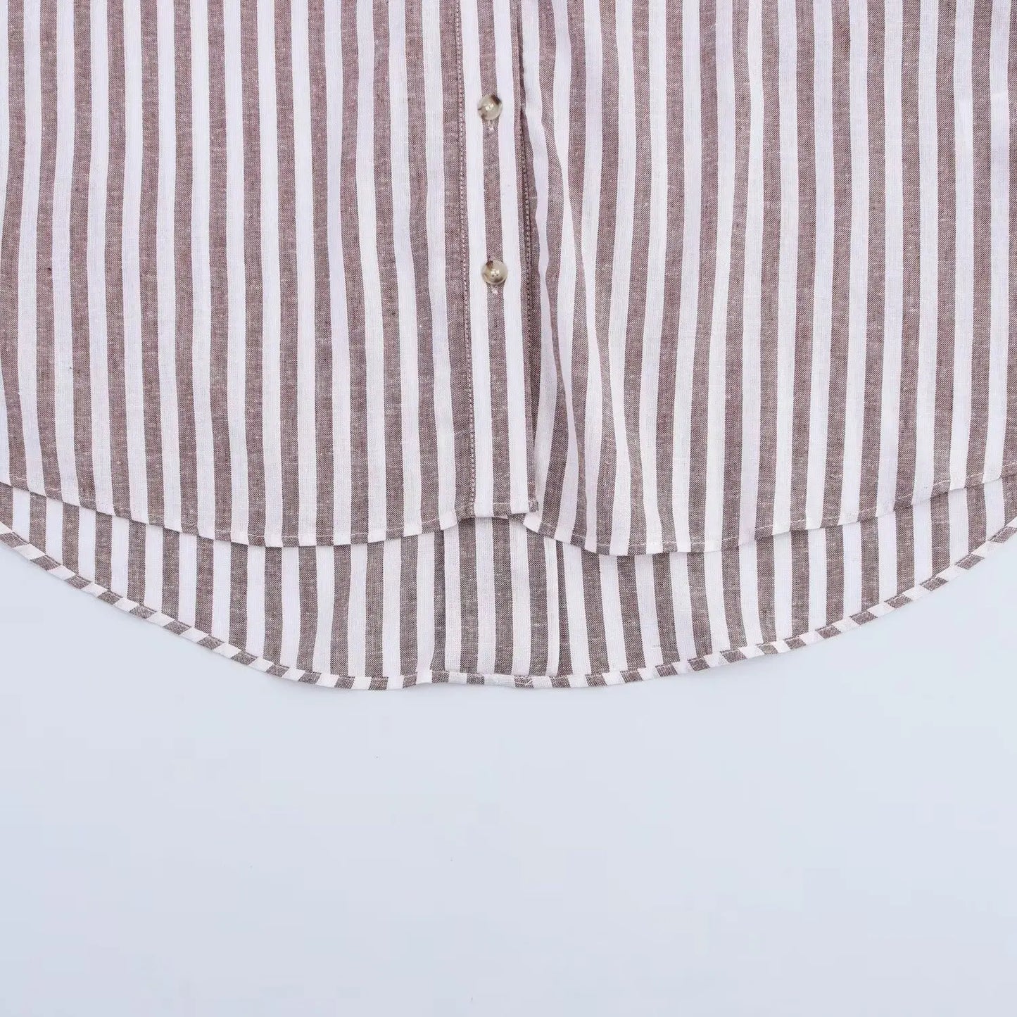 Summer Women's Curled Wide Sleeves Linen Blended Striped Asymmetric Casual Shirt Versatile Collar Linen Blended Printed Shirt.