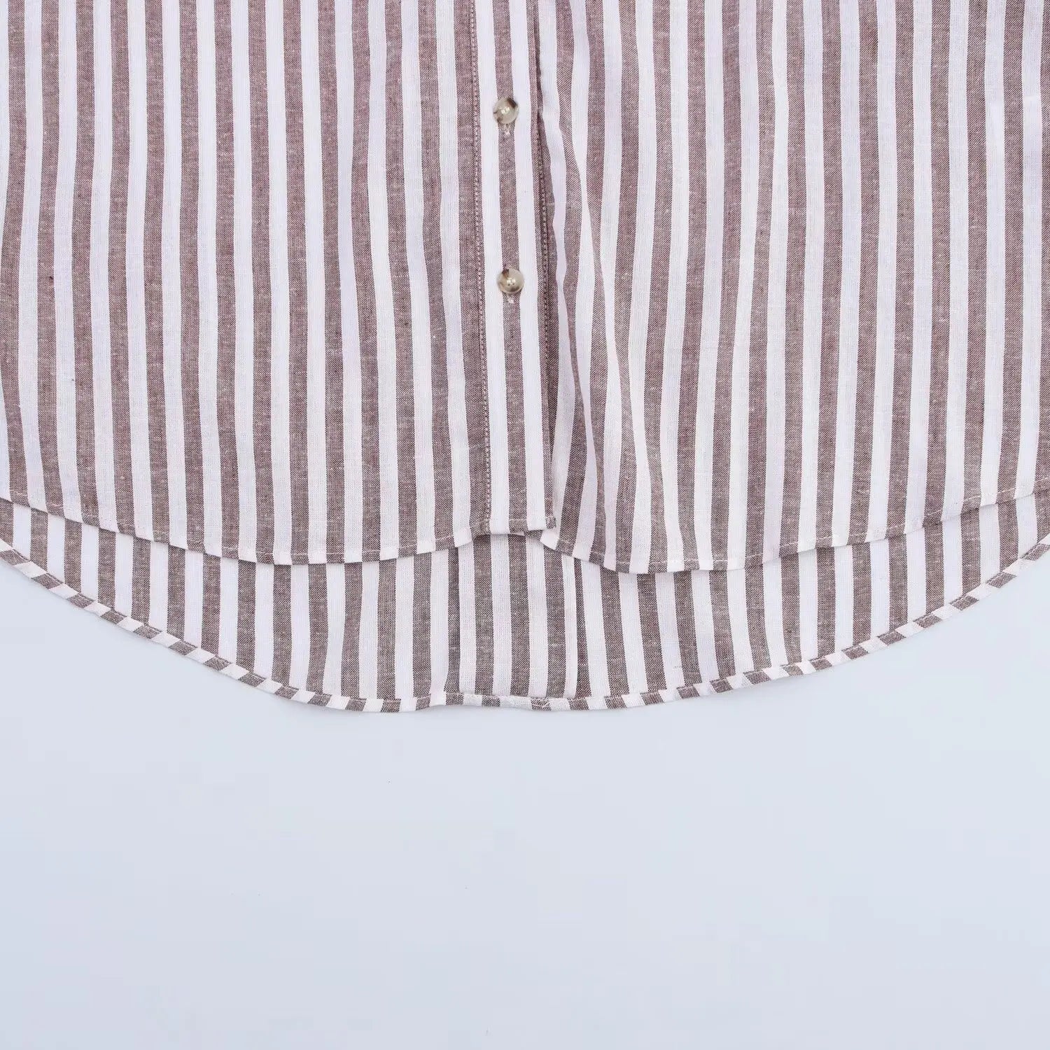 Summer Women's Curled Wide Sleeves Linen Blended Striped Asymmetric Casual Shirt Versatile Collar Linen Blended Printed Shirt.