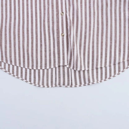 Summer Women's Curled Wide Sleeves Linen Blended Striped Asymmetric Casual Shirt Versatile Collar Linen Blended Printed Shirt.