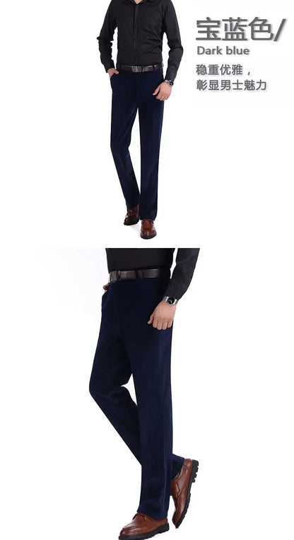 Business Casual Men Corduroy Pants Autumn Winter New Solid Zipper Pockets Simplicity Fashion Loose Thicken Straight Trousers.