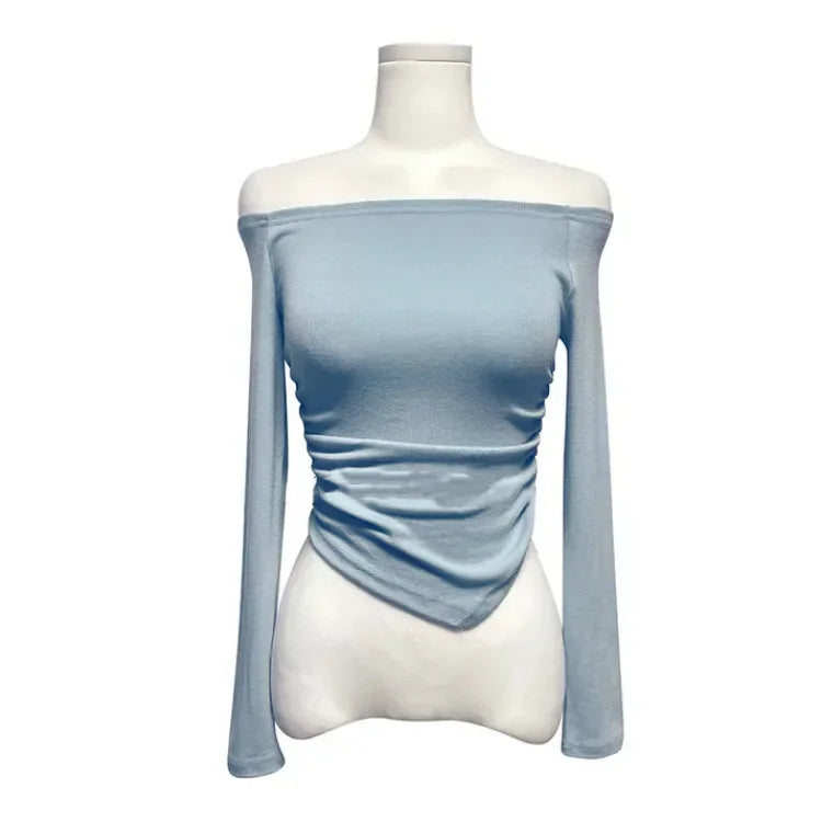 Korean Dongdaemun Fashionable Women's Clothing Off-the-shoulder Sexy Slimming Long Sleeve T-shirt Cropped Top Smooth Silhouette