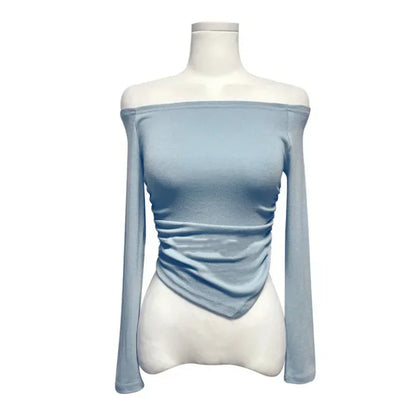 Korean Dongdaemun Fashionable Women's Clothing Off-the-shoulder Sexy Slimming Long Sleeve T-shirt Cropped Top Smooth Silhouette