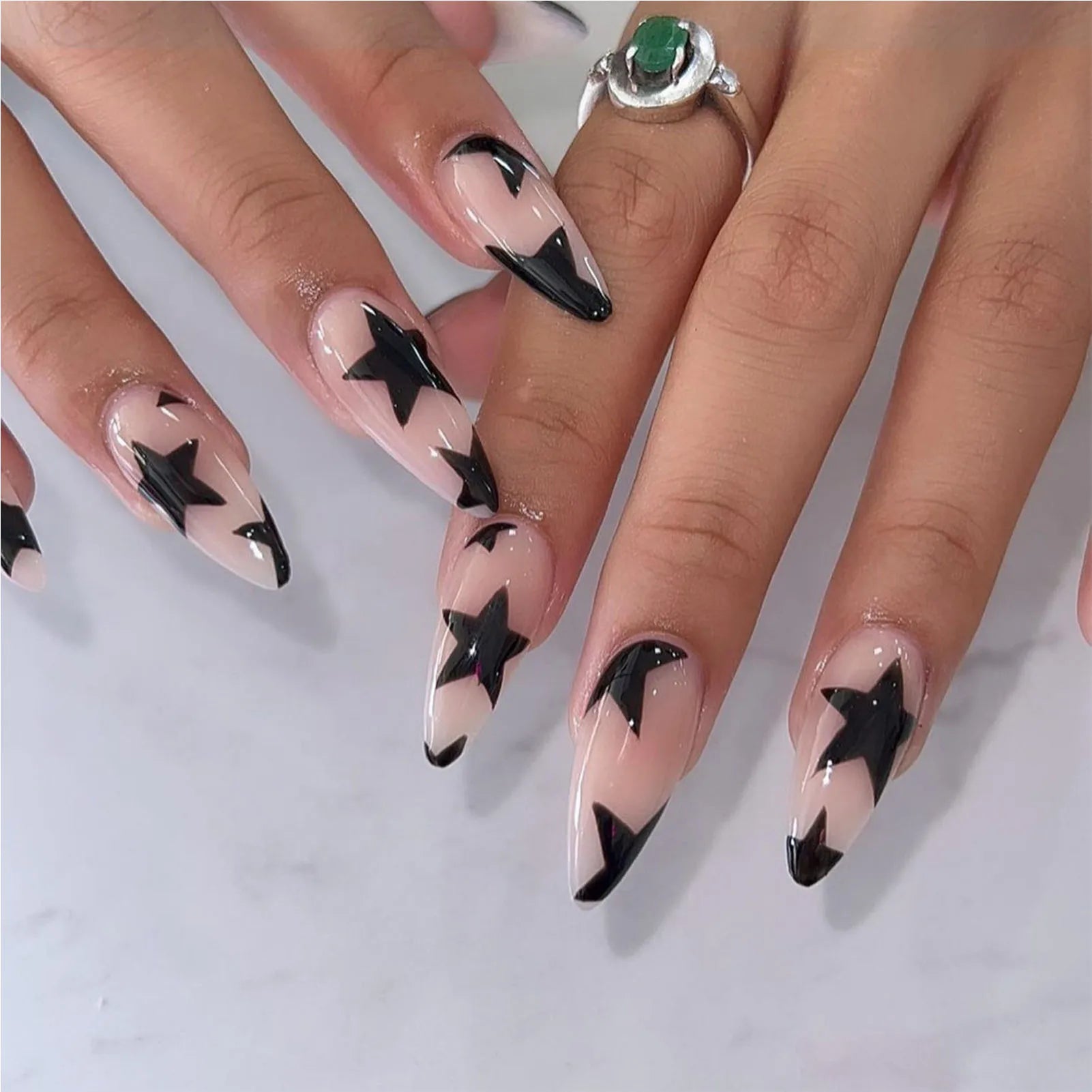 Short Square Fake Nails Y2K Style Nails Press on White/Black French Tips Star Diamond Designs False Nails for y2k Girls 24Pcs.