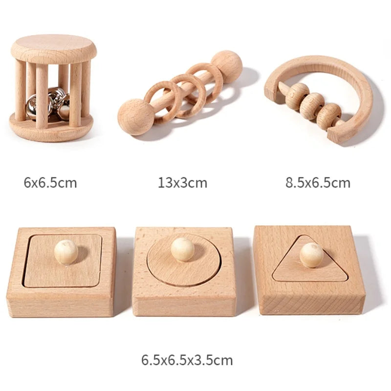 Wooden Geometric Shapes Sorting Montessori Puzzle Toys Baby Toys Wooden Rattles Ring Rattles Sensory Toys Preschool Education.