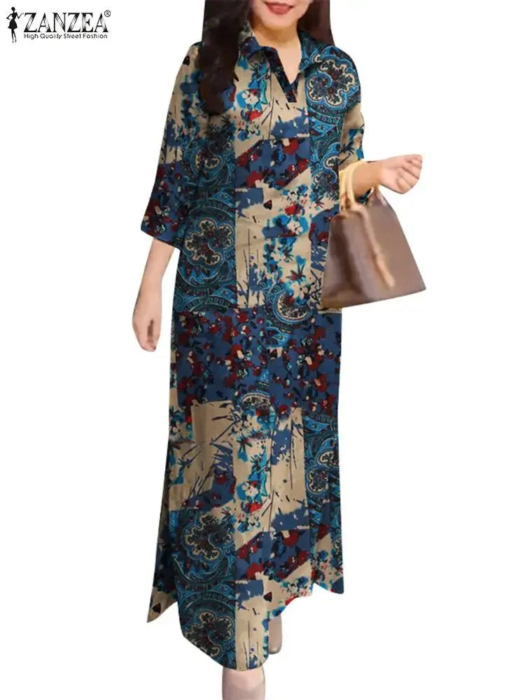 ZANZEA Women 3/4 Sleeve Long Dresses Fall 2024 Fashion Lapel Neck Cotton Shirtdress Vintage Floral Print Maxi Shirt Dress New In.
