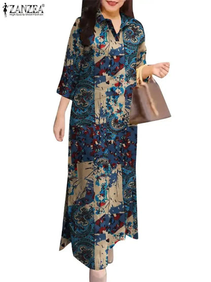 ZANZEA Women 3/4 Sleeve Long Dresses Fall 2024 Fashion Lapel Neck Cotton Shirtdress Vintage Floral Print Maxi Shirt Dress New In.