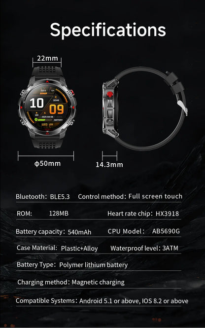 2025 New Outdoors Sports Military GPS Smart Watch 3ATM Waterproof Built-in Dual-Band GPS Compass Altimeter Swimming Smartwatches