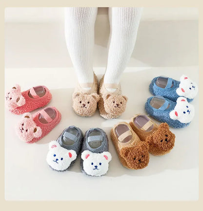 Warm Newborn First Walker for Boy Girl Cartoon Animal Bear Indoor Non-slip Floor Shoes Winter Fury Plush Floor Shoes