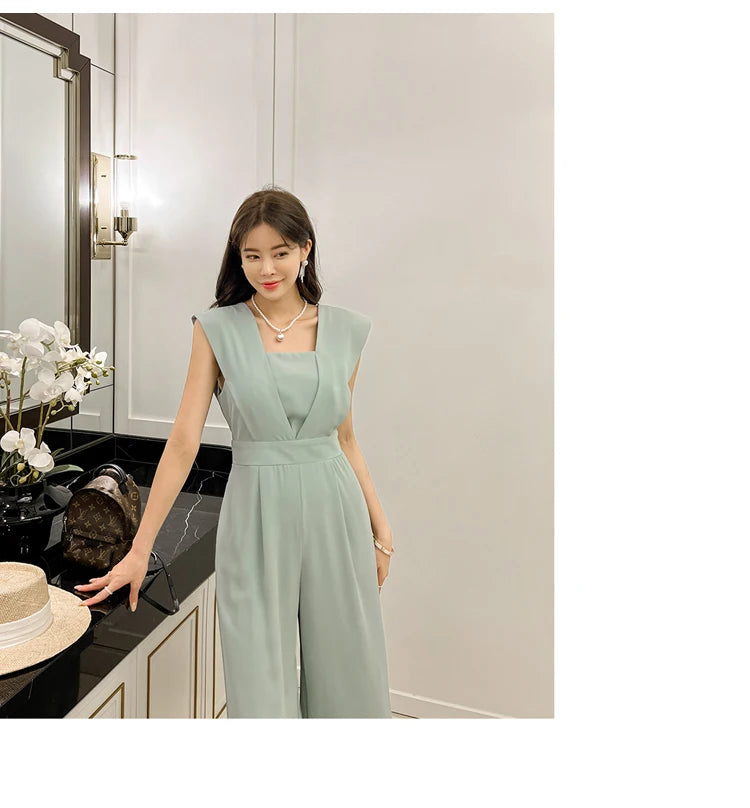 H Han Queen Summer Elegant Business Jumpsuits Women Simple Wide Leg Long Playsuits Korean Sleeveless Casual Rompers Office Lady