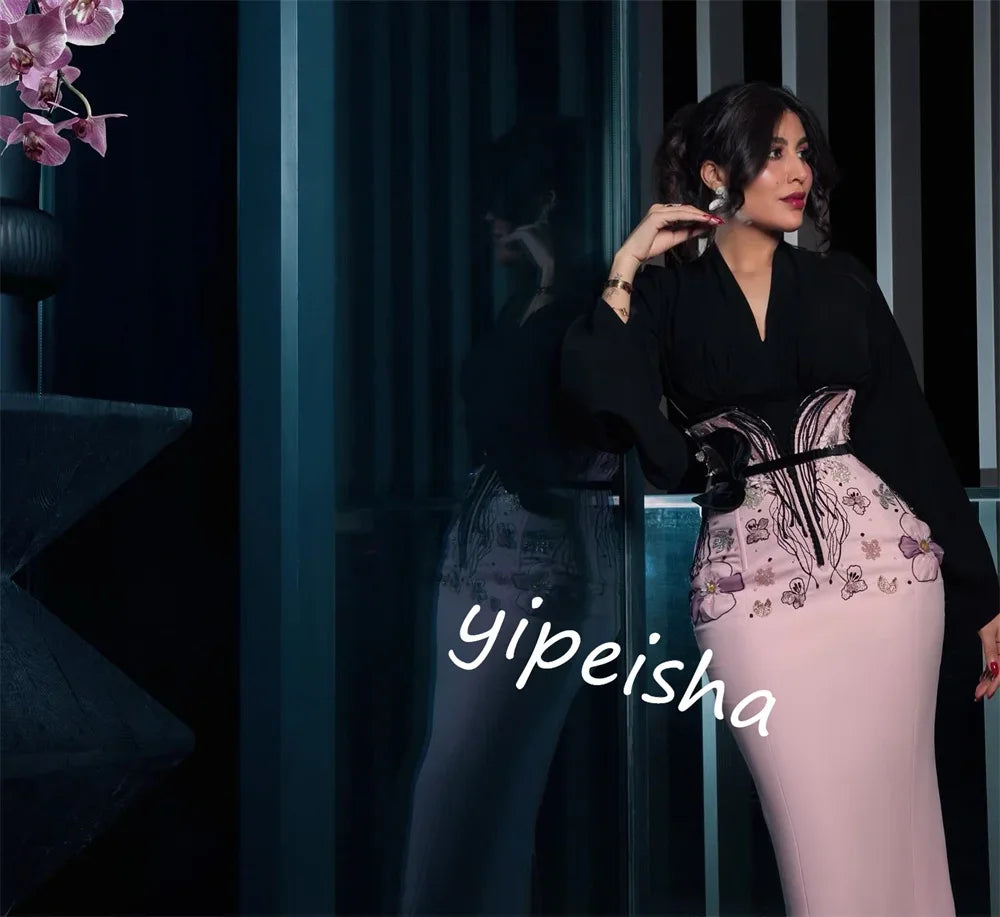 Maßgeschneidertes, hochwertiges, glitzerndes, exquisites Jersey-Applikations-Cocktailparty-Etui mit V-Ausschnitt, maßgeschneidertes Anlasskleid, Midi-Kleider, Elegan.