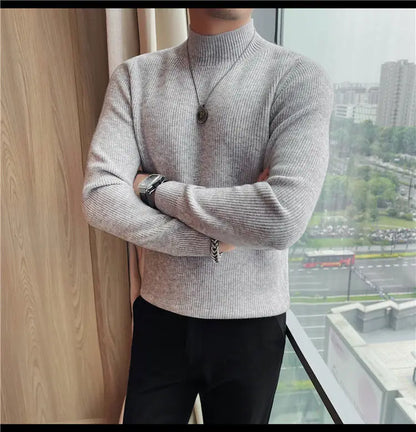 Half Turtleneck Sweater Men with Striped Wool in Autumn Winter Thickened Slightly Loose Base Knitted.