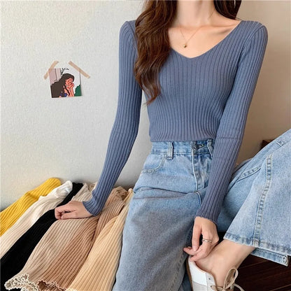 2025 einfarbig Schlank Pullover Koreanische Herbst Winter V-ausschnitt Pullover Mode Lässig Langarm Gestrickte Pullover Frauen Kleidung