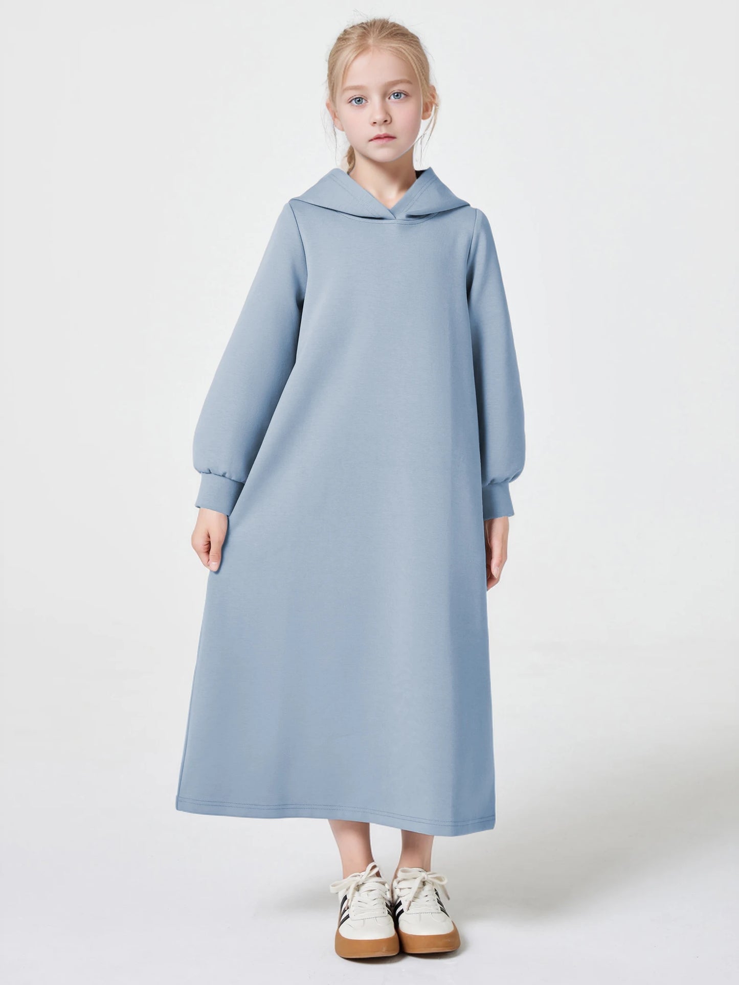 Ramadan kebaya Muslim Girls Abaya Middle East Autumn and winter solid color warm hoodie V-neck Hooded Loose Kids Kebaya Dress.