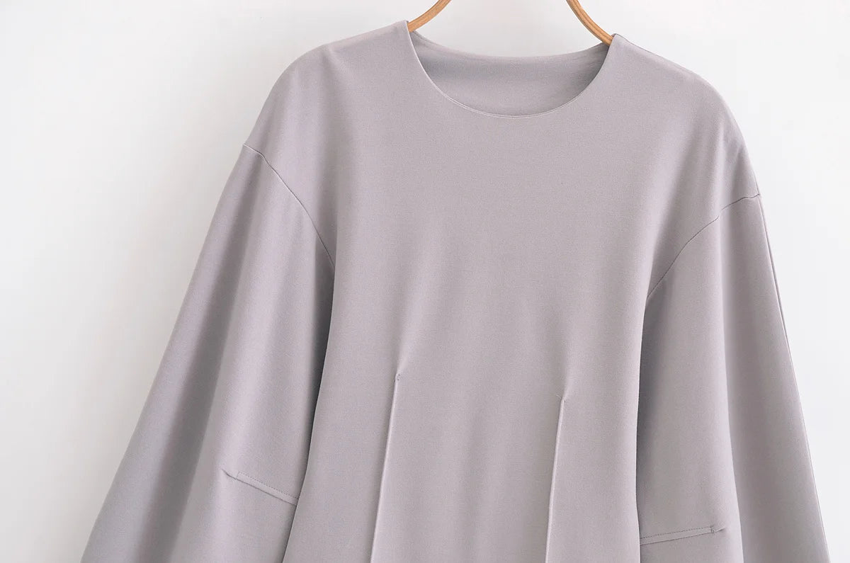 HH Women's 2-Piece Set Fashion Slimming Double-Sided Fabric Round Neck Long-Sleeve Top+Elegant Stretch Casual Wide Leg Pants.