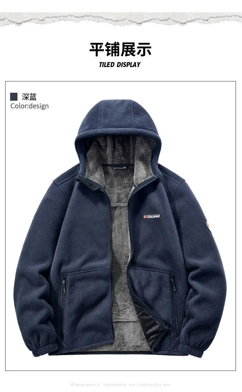 Men's Outdoor Sport Hooded Sweatshirt Jacket Warm Fleece Liner Windproof Softshell Inner Polar Fleece Coat with Zipper & Pockets.