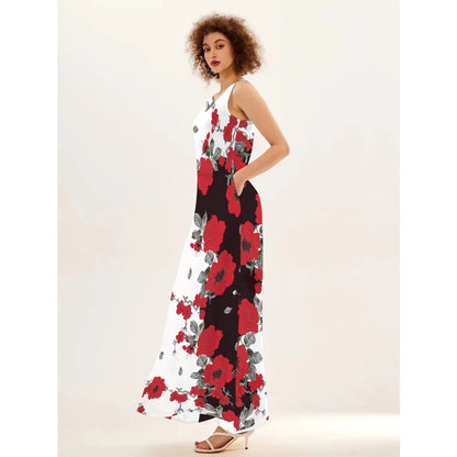 Blumendruck Neues lässiges ärmelloses langes Kleid Damen V-Ausschnitt bedrucktes Kleid Swing Bohemian Retro Kleider